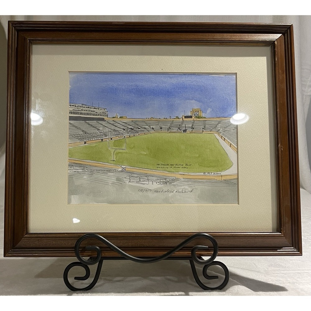 Notre Dame Stadium Framed Original Hand Colored Art Signed by Ken David 118/250
